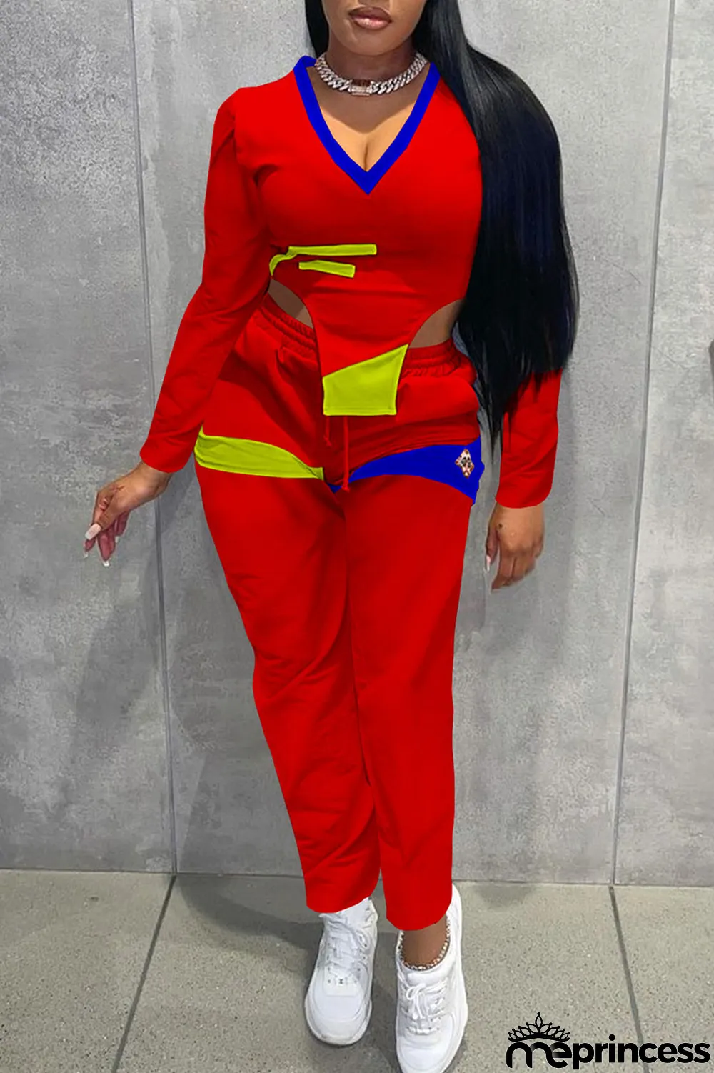 Red Casual Print Split Joint Asymmetrical V Neck Long Sleeve Two Pieces