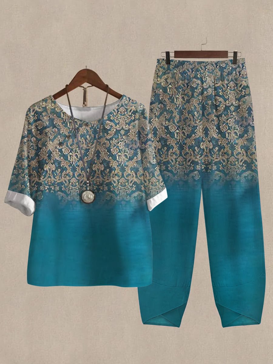Women's Floral Print Color Block Half Sleeve Top And Casual Pants Linen Two Pieces
