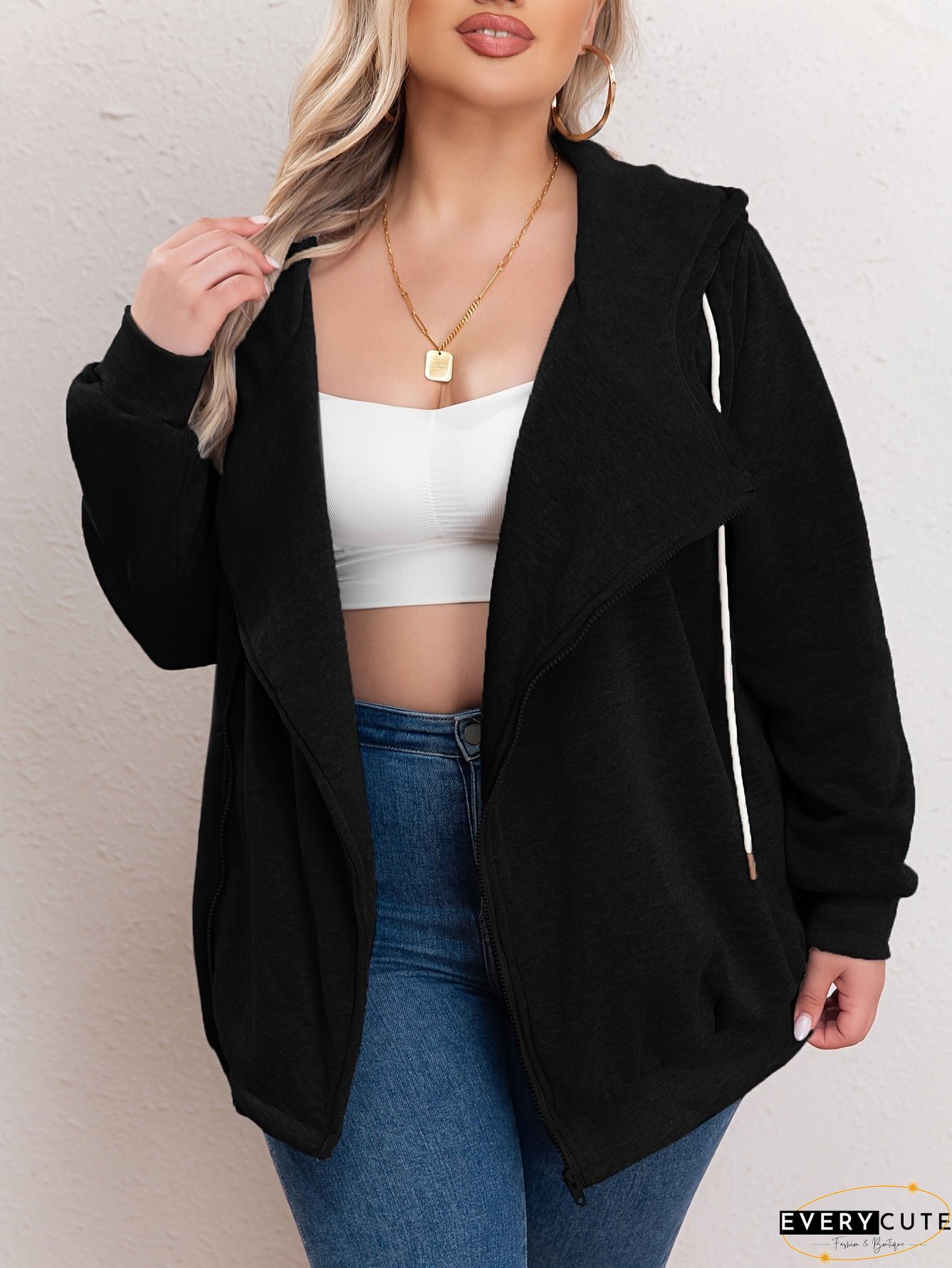 Plus Size Casual Sweatshirt, Women's Plus Solid Zipper Front Long Sleeve Drawstring Hooded Sweatshirt