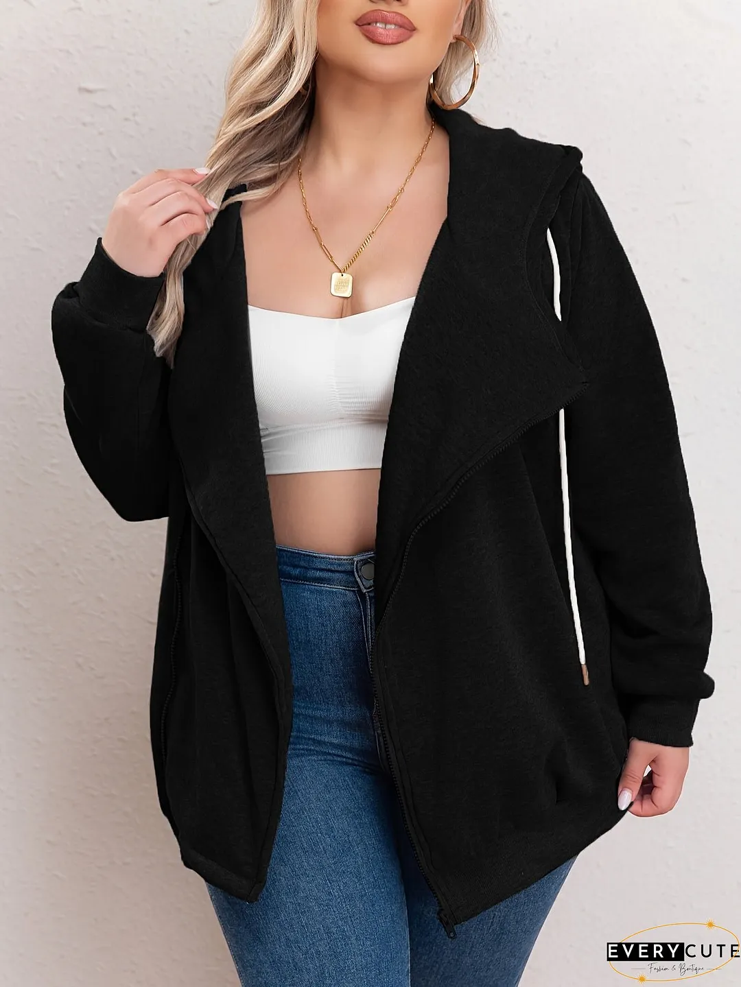 Plus Size Casual Sweatshirt, Women's Plus Solid Zipper Front Long Sleeve Drawstring Hooded Sweatshirt