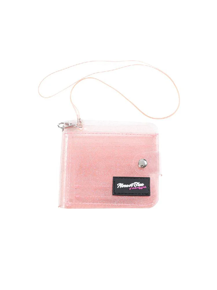 Women PVC Clear Short Purse Mini Glitter Wallet Card Holder (Light Pink)