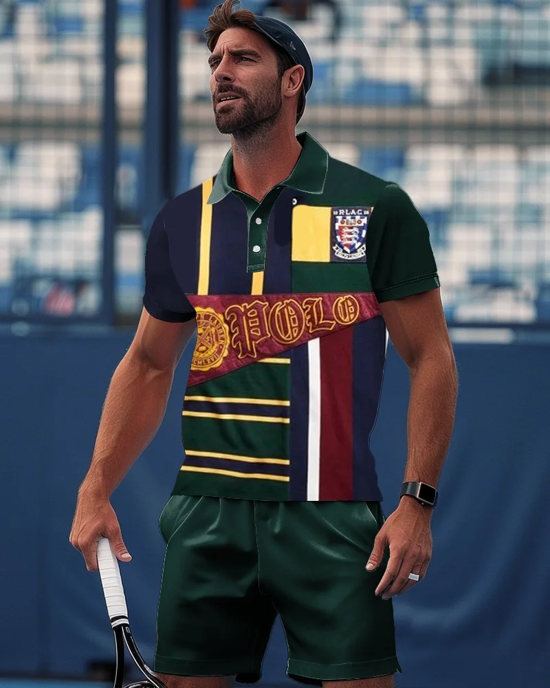 Men's British French Business Sports Polo Shirt 2-piece Shorts Set