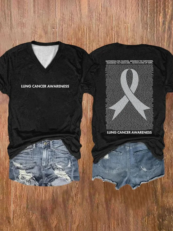 Women's V-Neck Retro Lung Cancer Awareness Ribbon Print T-Shirt socialshop