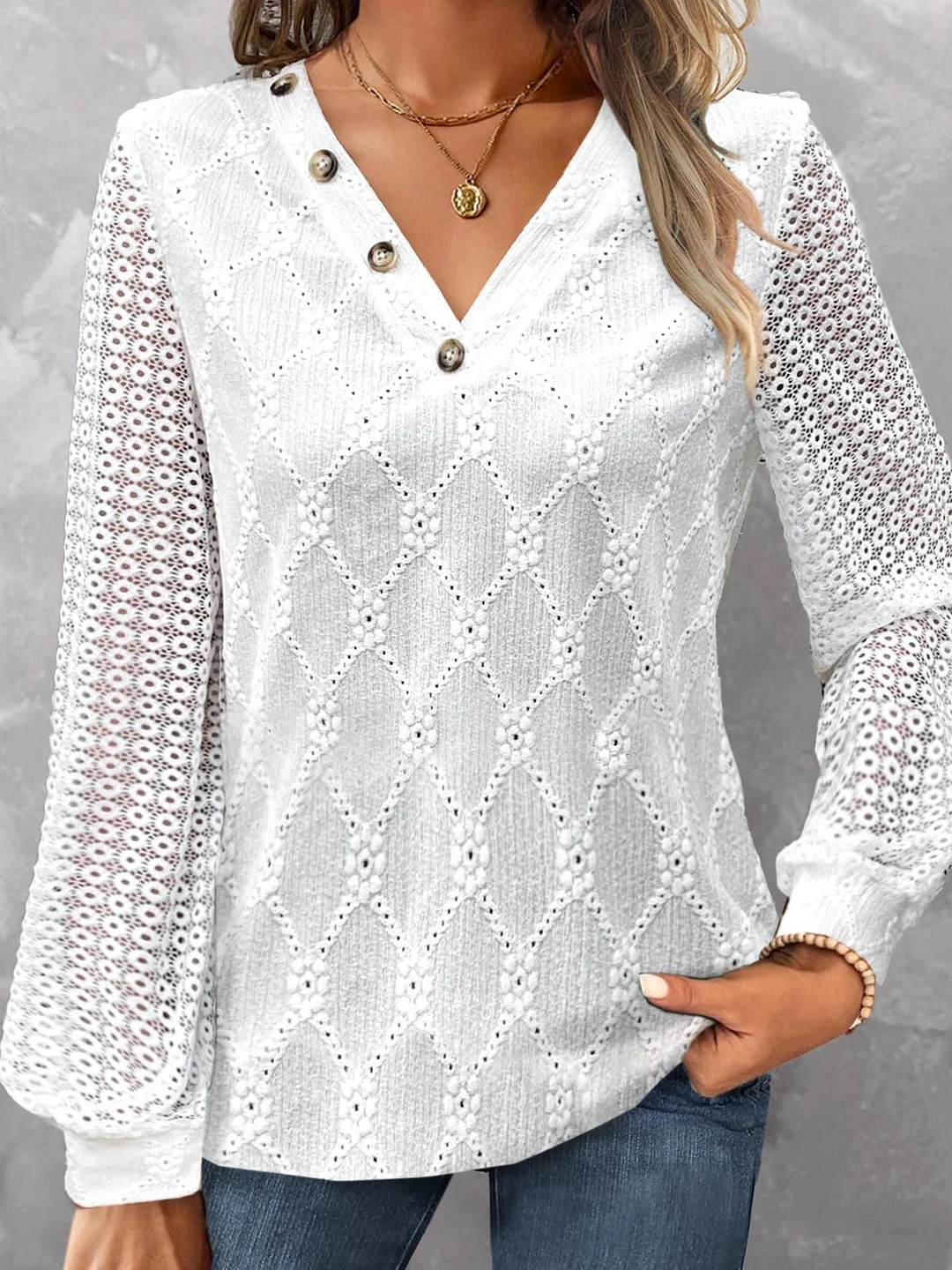 Women plus size clothing Women Long Sleeve V-neck Solid Lace Button Tops-Nordswear
