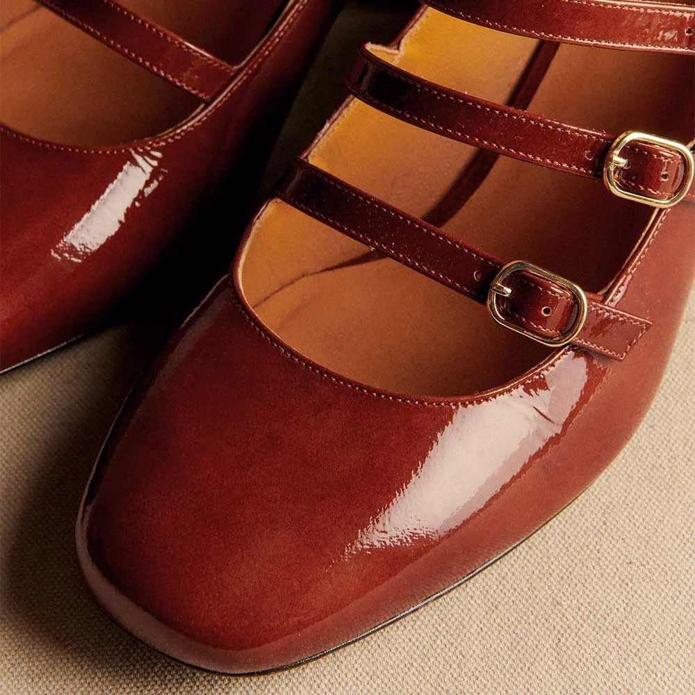 Maroon Patent Leather Square Toe Strappy Mary Jane Heels with Buckle