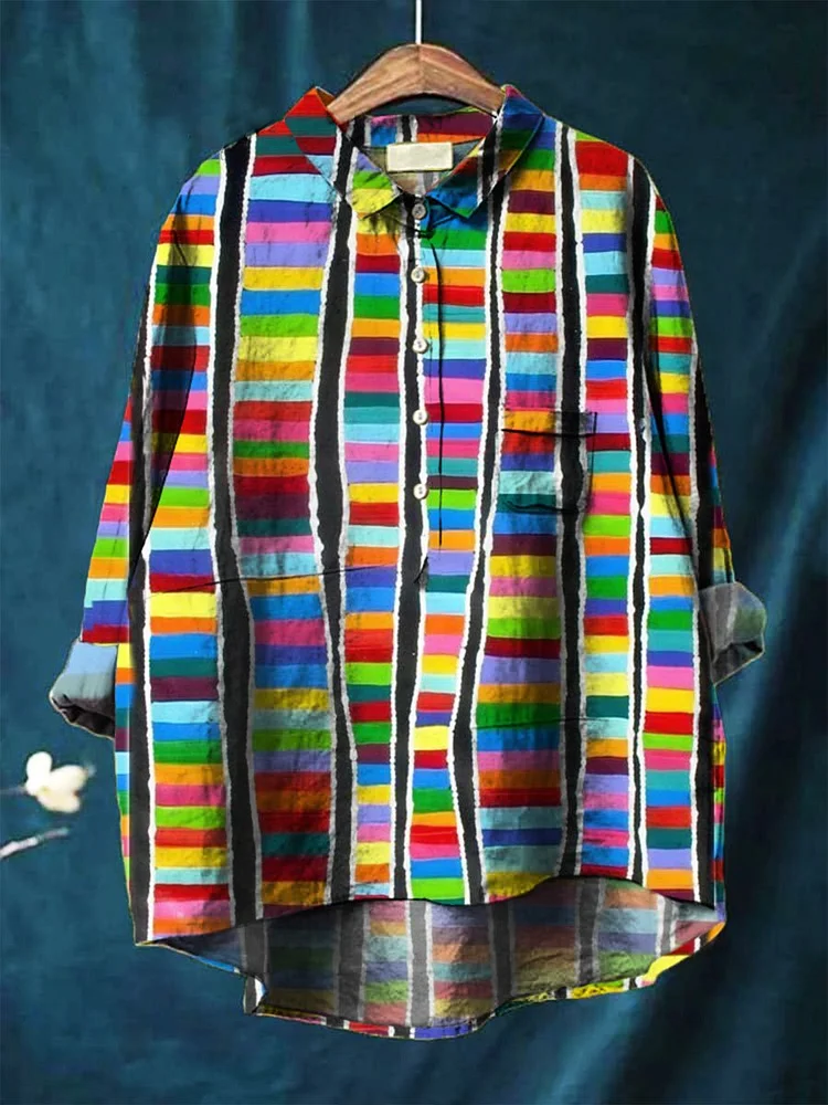 Women's  Abstract Geometry Art Print Casual Cotton And Linen Shirt