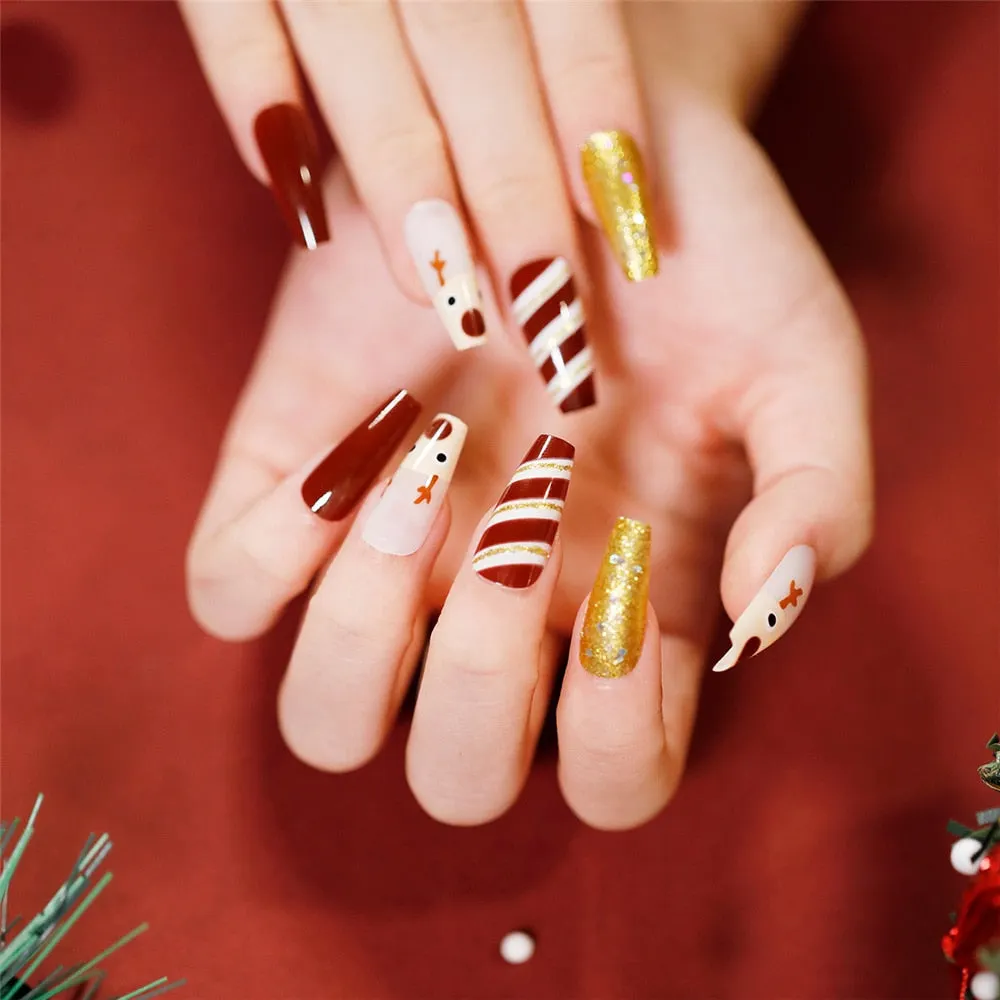 24Pcs/Box Christmas Coffin False Nail Patches Press on Nails Xmas Pattern Ballerina Manicure Full Cover Detachable Nail Tips-Nail Inspo