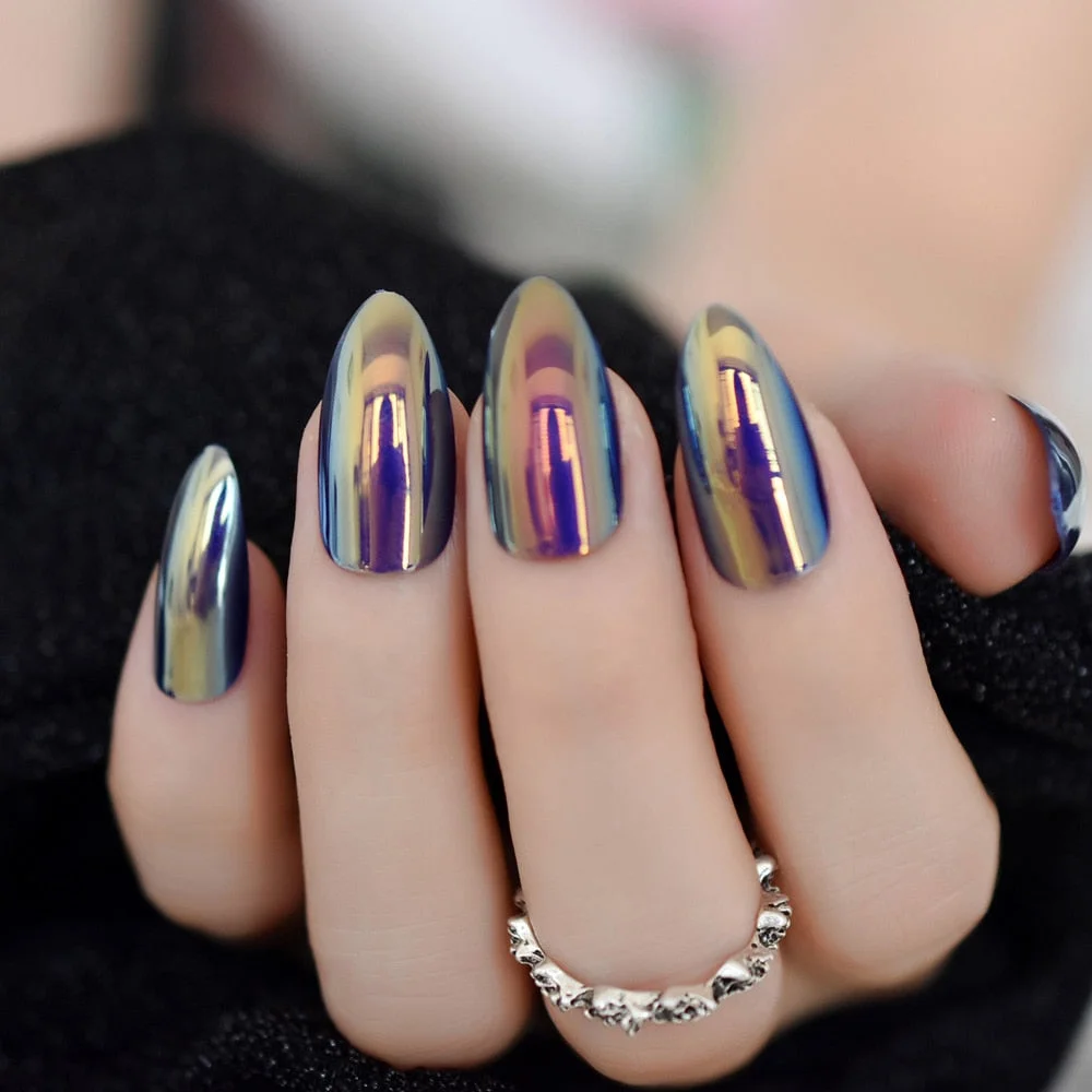 Quality Unicorn Chrome Fake Nails Gorgeous Yellow Blue Mirror Stiletto Full Cover Nail False with Adhesive Glue Sticker 24 Ct-Nail Inspo