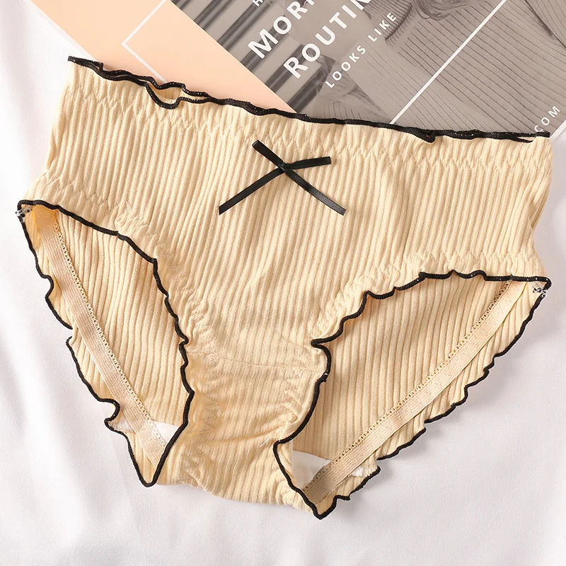 Billionm Japan Style Briefs Sexy Comfort Cotton Mid Waist Women Panties Lovely Bow Stripe Lingerie Solid Health Sleep Underwear