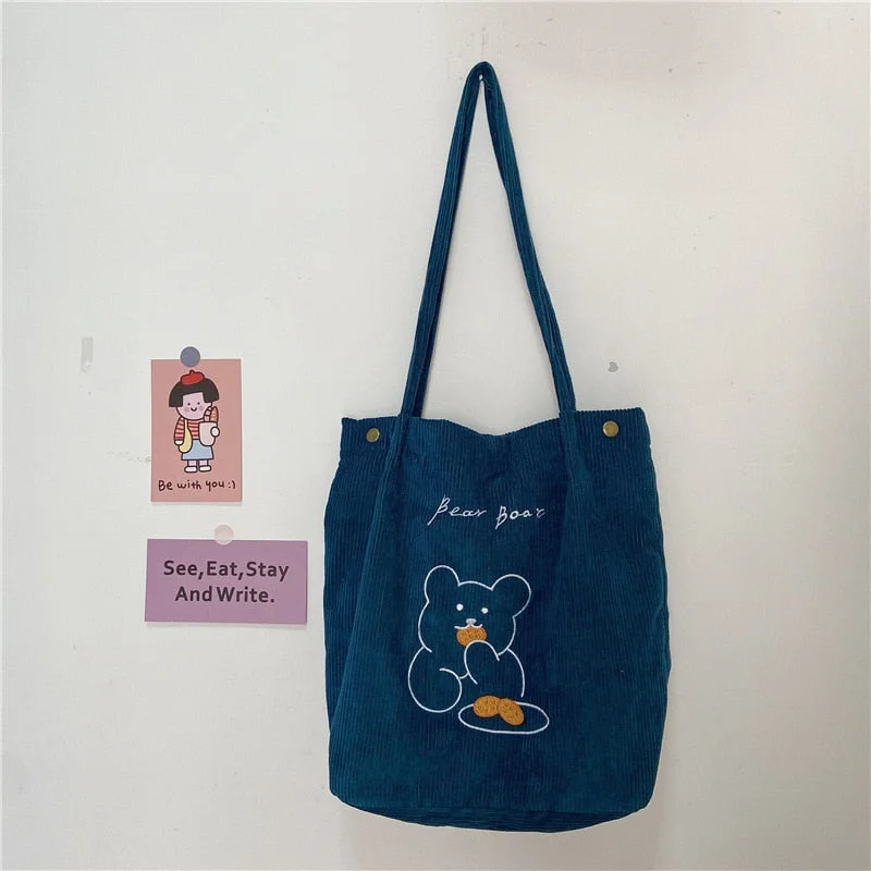 W&G Japanese Corduroy Embroidery Bear Shoulder Bag Women Cross Body Bag Animal Shopping Storage Bag Handbag New 2021