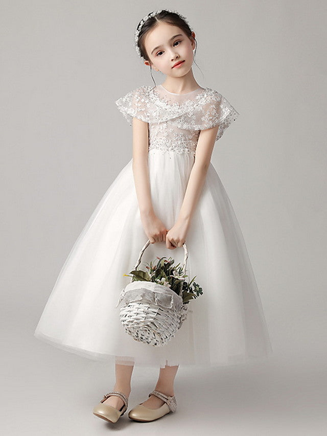 Oknass Short Sleeve Jewel Neck Ankle Length Flower Girl Dress With Lace