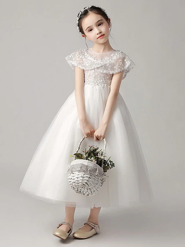 Daisda Short Sleeve Jewel Neck Ankle Length Flower Girl Dress With Lace