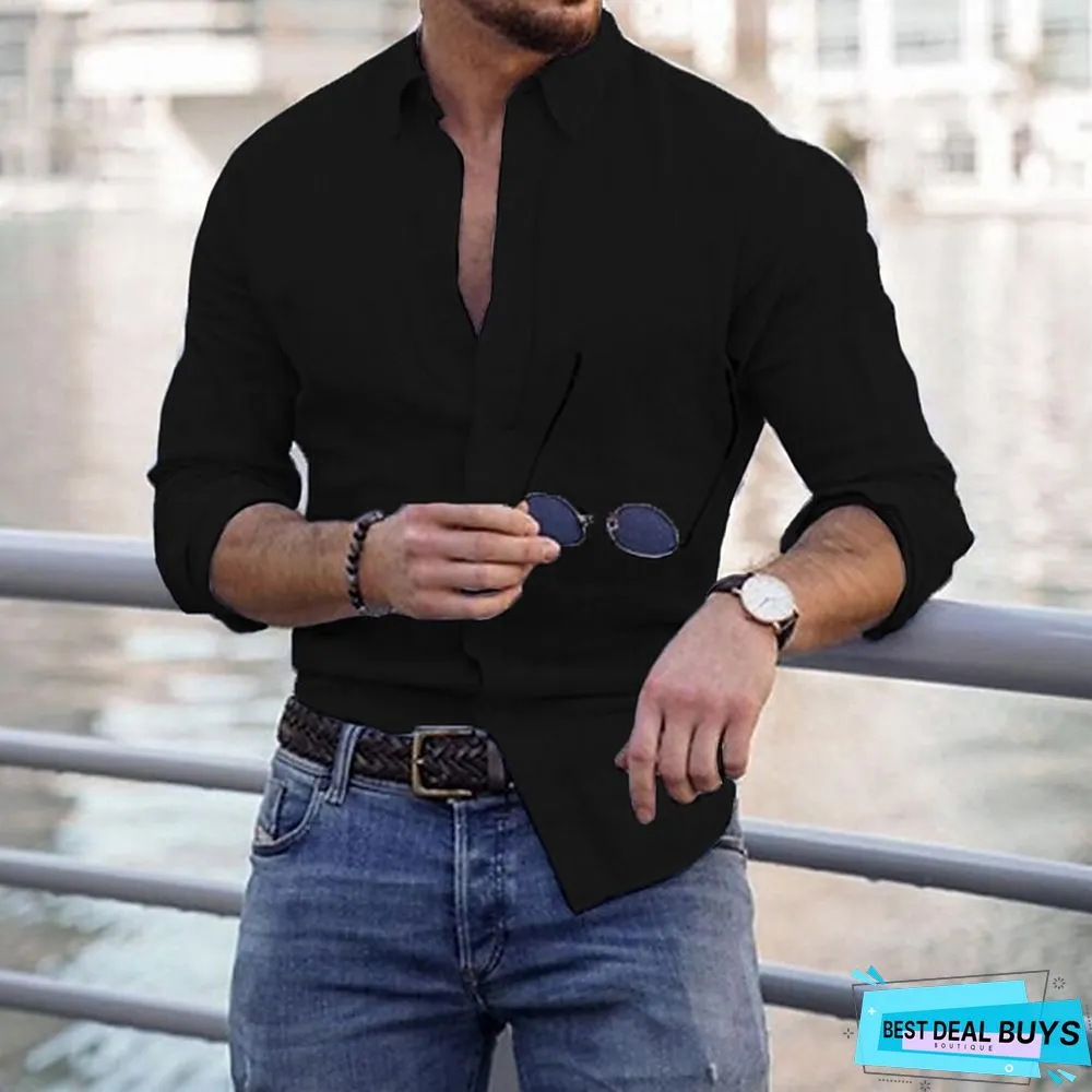 Men's Linen Shirt Shirt Summer Shirt Beach Shirt Turndown Spring & Summer Long Sleeve Black White Blue Graphic Prints Casual Daily Clothing Apparel Button-Down