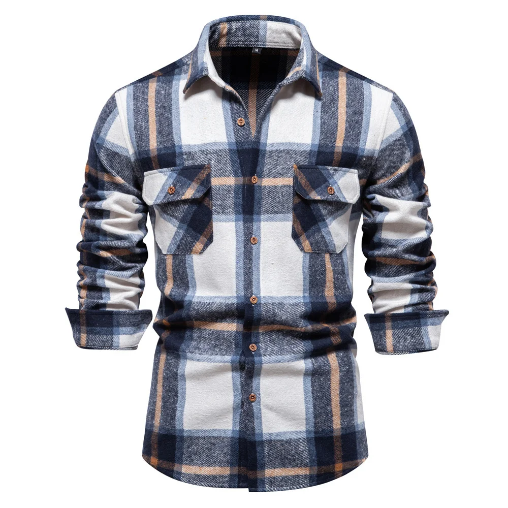 Men's Pocket Plaid Shirt Fashion Long-sleeved Plaid Shirt Top