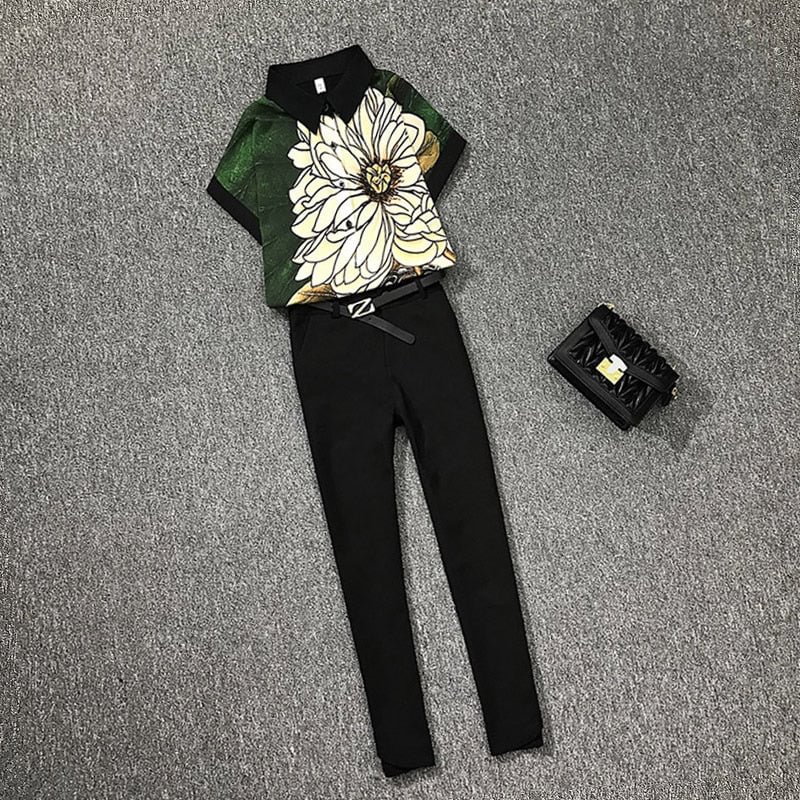 Women's Clothing 2020 summer Flower Printted Short Sleeve Shirt Blouse + Slim Ankle length Pants Suits Two piece Set Outfits