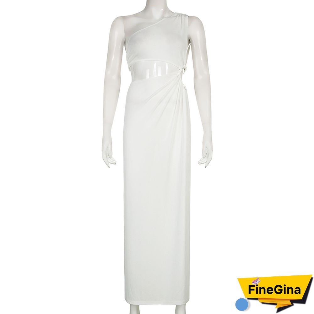 Women Round Cutouts Asymmetrical Neck Elegant Stunning Maxi Dress Midnight Party Robe Female Side Split White Dresses