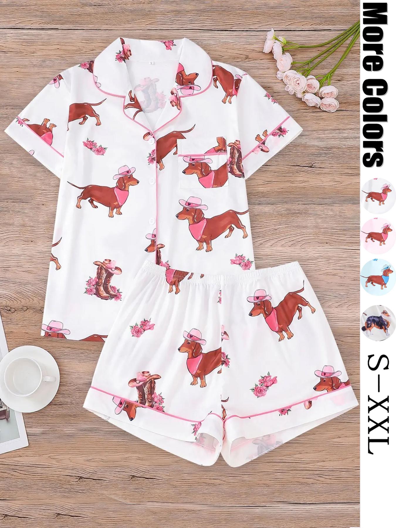 Women's All Over Dachshund Print Shirt & Elastic Waist Shorts Pyjama Two-piece Set, Matching Pj Set, Casual Comfy Short Sleeve Collared Top & Shorts PJ Set, Ladies Sleepwear for All Seasons, Loungewear, Sleep Pajamas Shorts