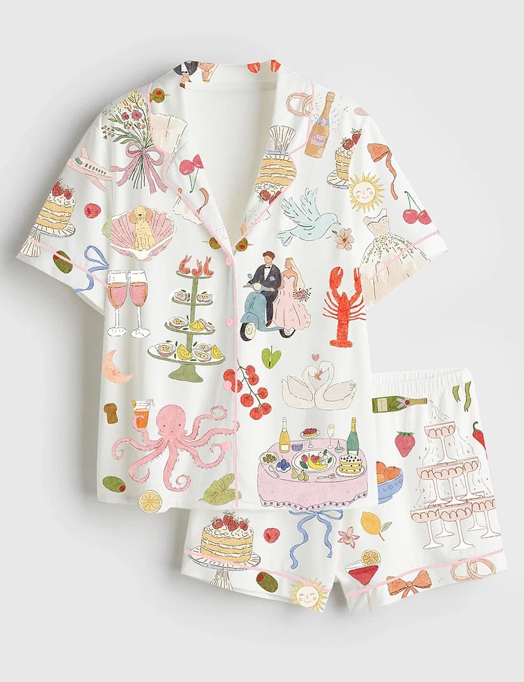 Women&rsquo;s Whimsical Hand Drawn Watercolor Wedding Dolce Vita Summer Print Short Sleeve Satin Pajama Set