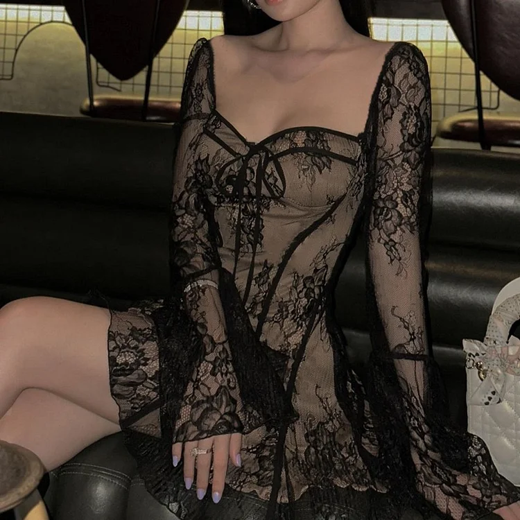 Long Sleeve Lace Corset Mini Dress