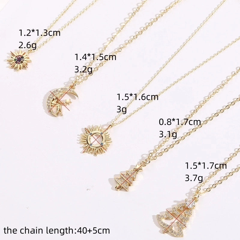 Copper Gold Plated Christmas Tree Sun Moon Zircon Pendant Necklace