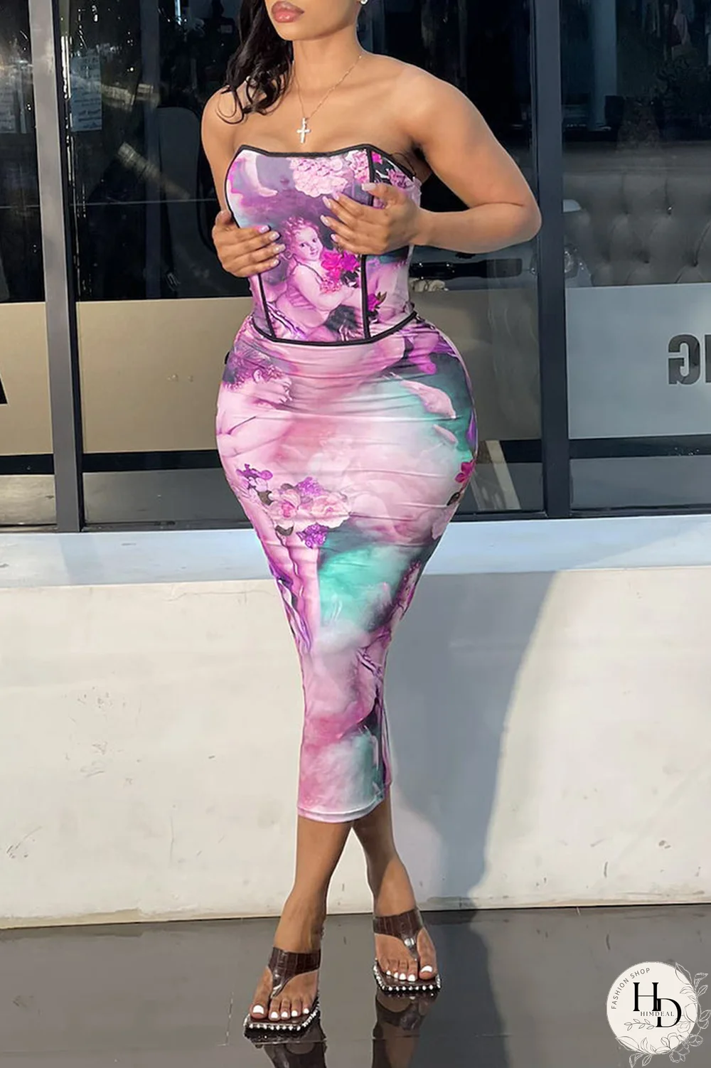 Blue Sexy Print Split Joint Strapless Sleeveless Two Pieces