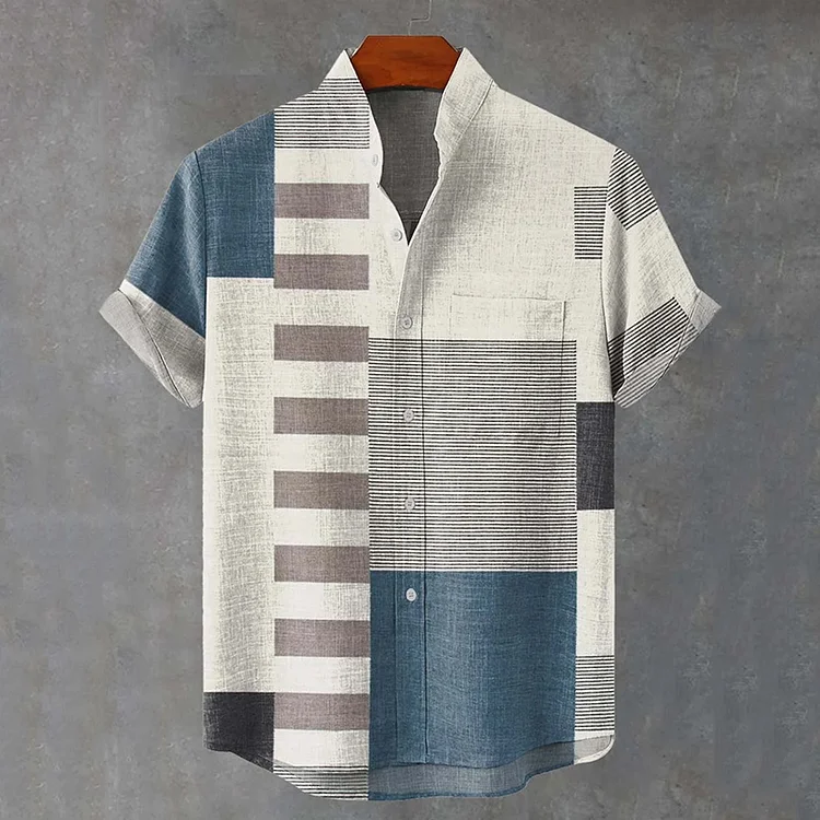 Men's Geometric Patchwork Pattern Art Casual Short Sleeve Shirts