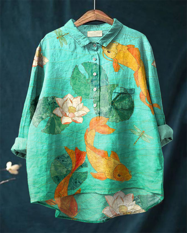 Japanese Whale Art Casual Cotton and Linen Shirt