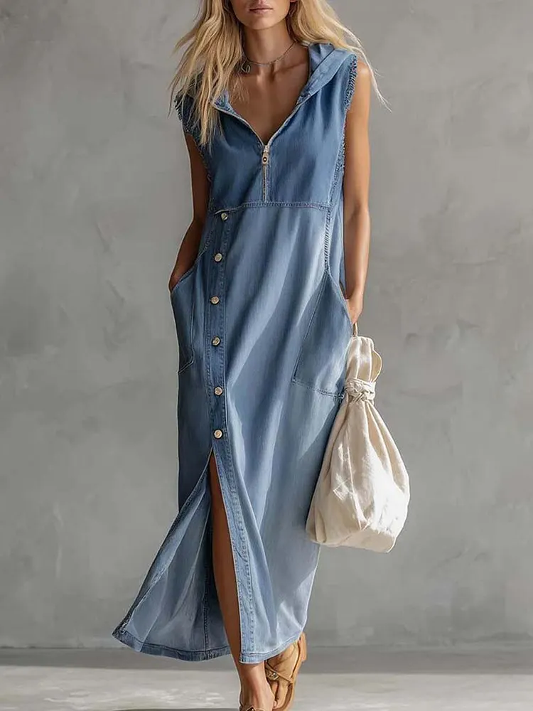 Exquisite Vintage Casual Hooded V-neck Zipper Side Slits Buttons Blue Denim Midi Dress