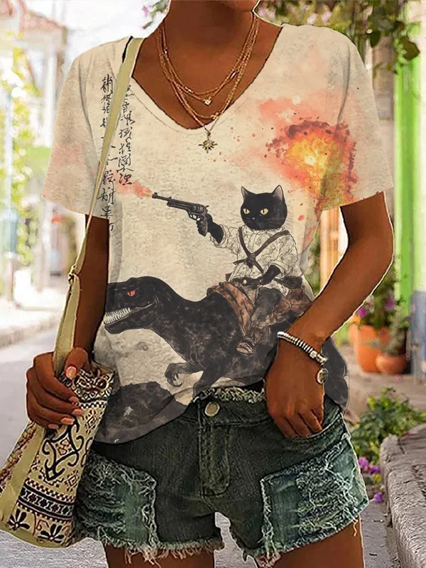 Women's Retro Calligraphy Cat Dinosaur Volcanic Eruption Print Casual T-Shirt