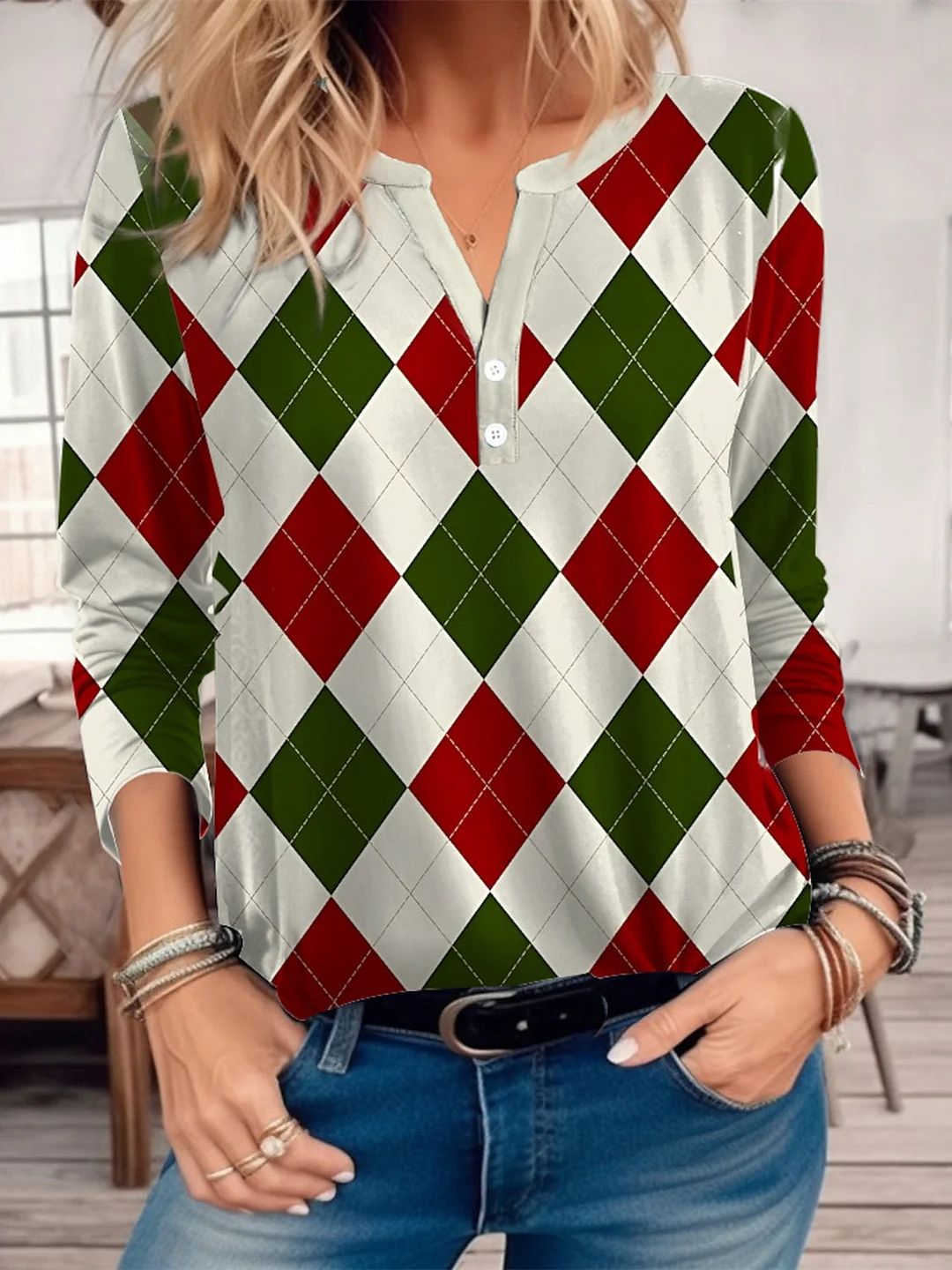 Women's Christmas Geometric Graphic Plaid Printed Buttons Long Sleeve V-neck Top