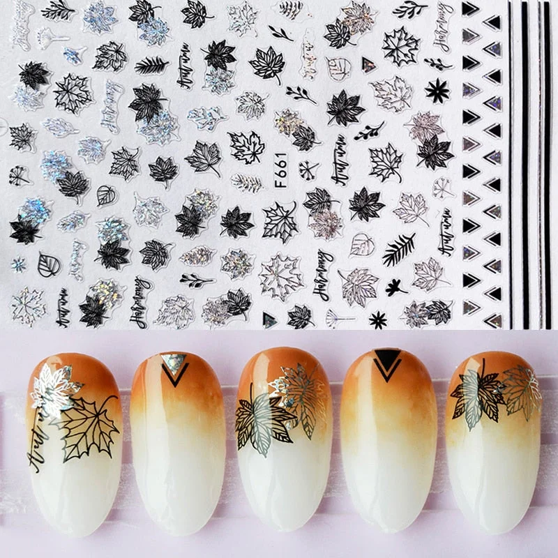 1pcs Black Gold Sping Leaves 3D Nail Sticker Coconut Tree Leaf Pattern Adhesive Transfer Decals Shiny DIY Nail Decoration