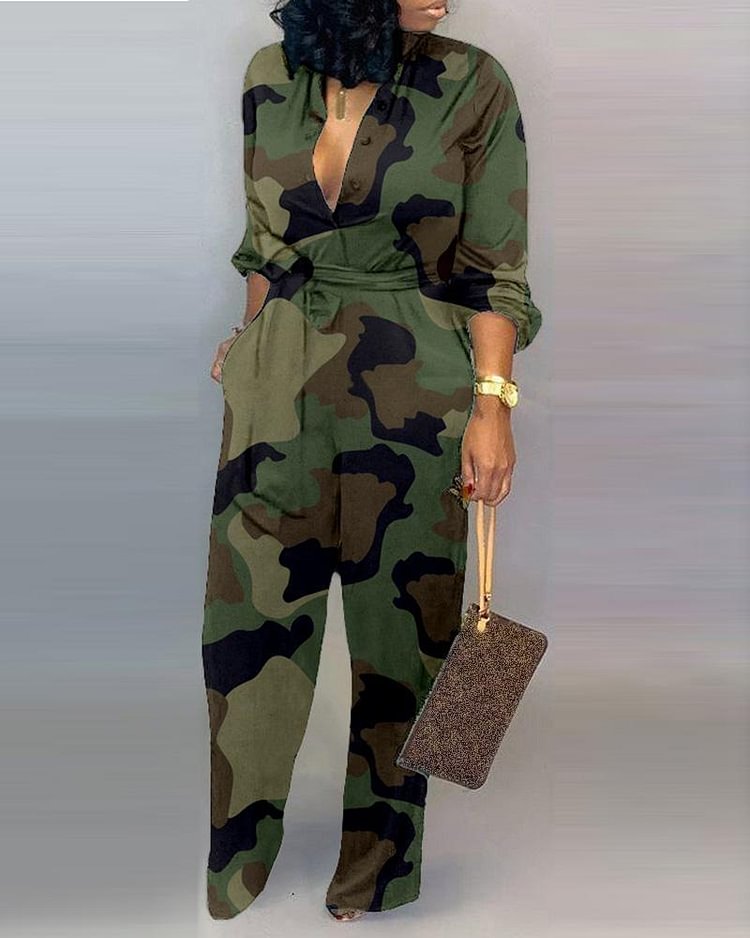 V Neck Camouflage Print Buttoned Jumpsuit