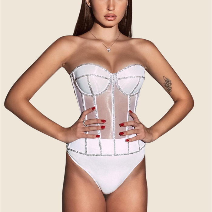 Rhinestone Silk & Mesh Bustier White