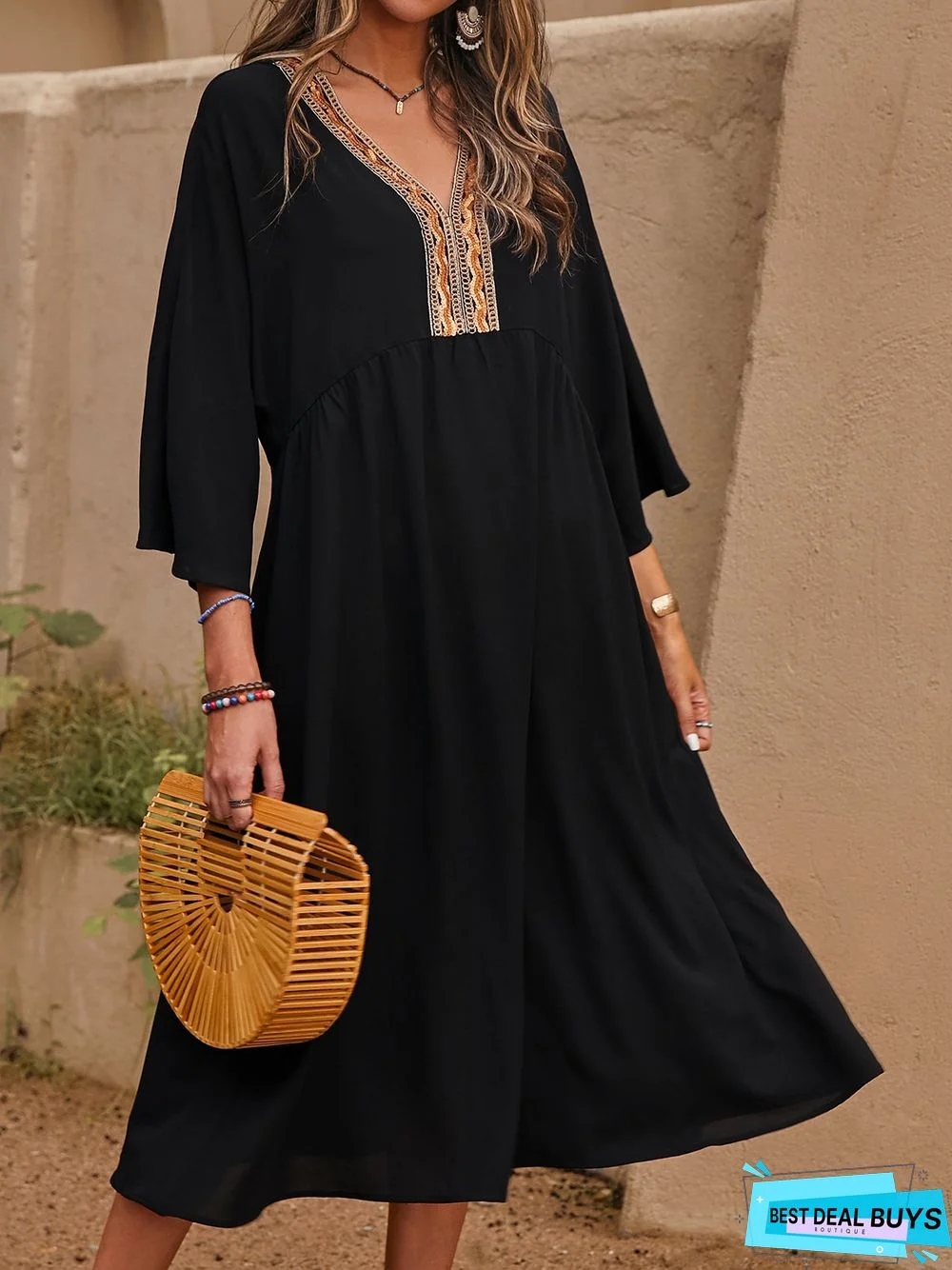 Appliqued Casual A-Line 3/4 Sleeve Weaving Dress