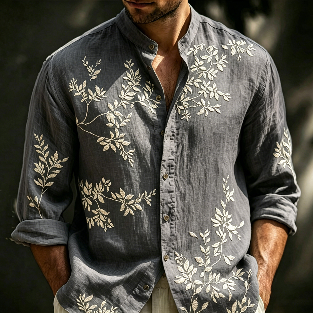 Comstylish Men's Vintage Spring Floral Embroidered Art Print Flowy Linen Blend Casual Shirt
