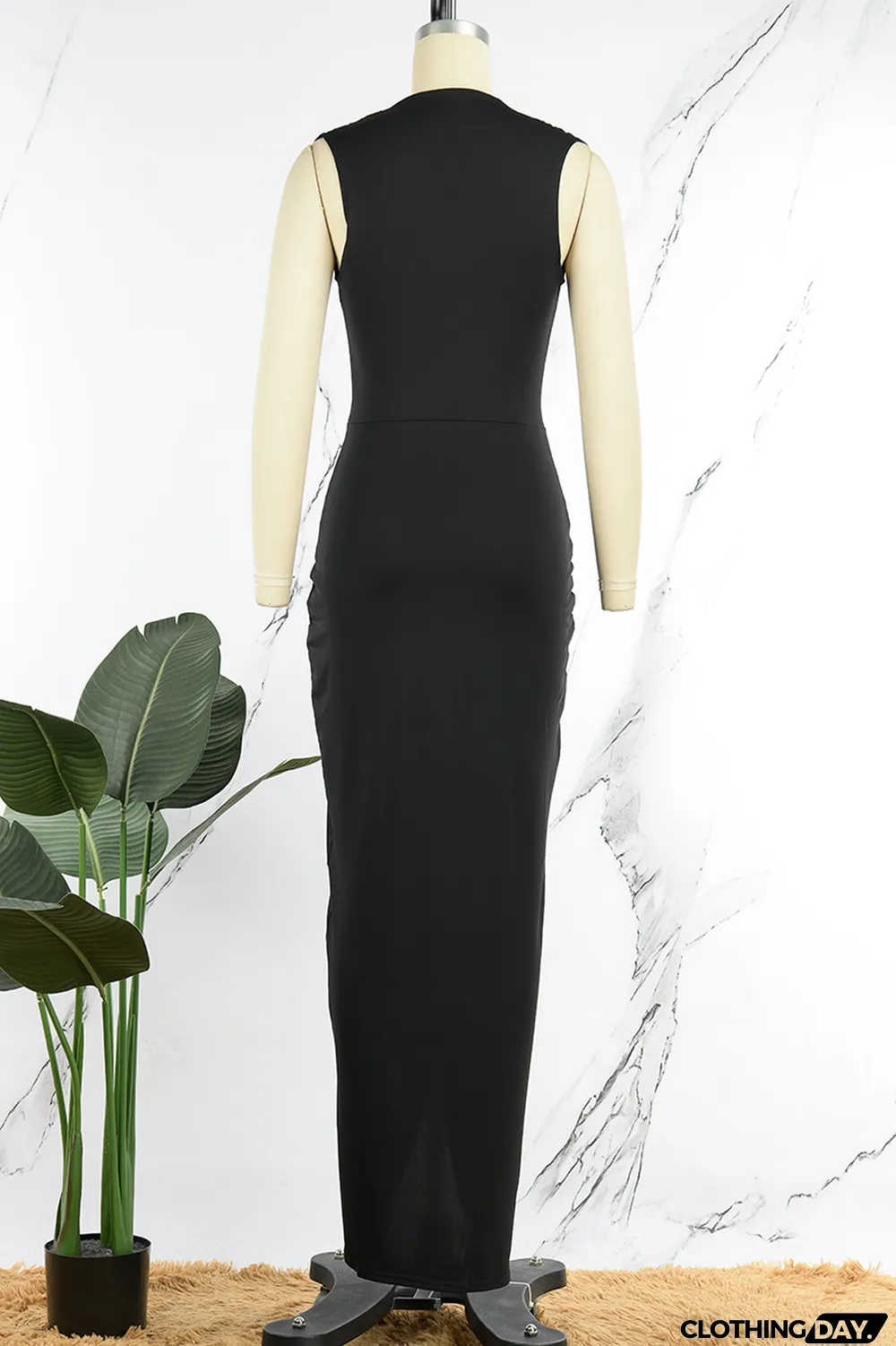 Black Sexy Solid Patchwork Asymmetrical V Neck Irregular Dress Dresses