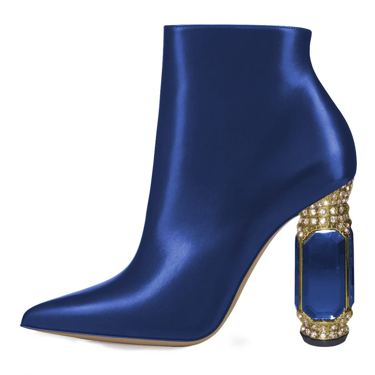 Blue Pointed Toe Zipper Ankle Boots Decorative Heels