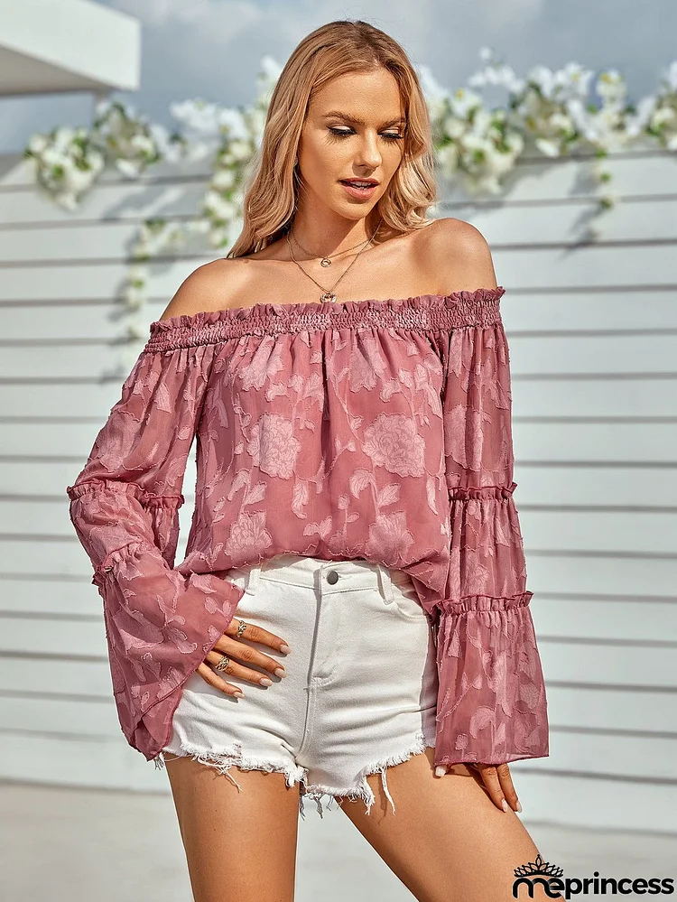 Applique Flounce Sleeve Off-Shoulder Blouse