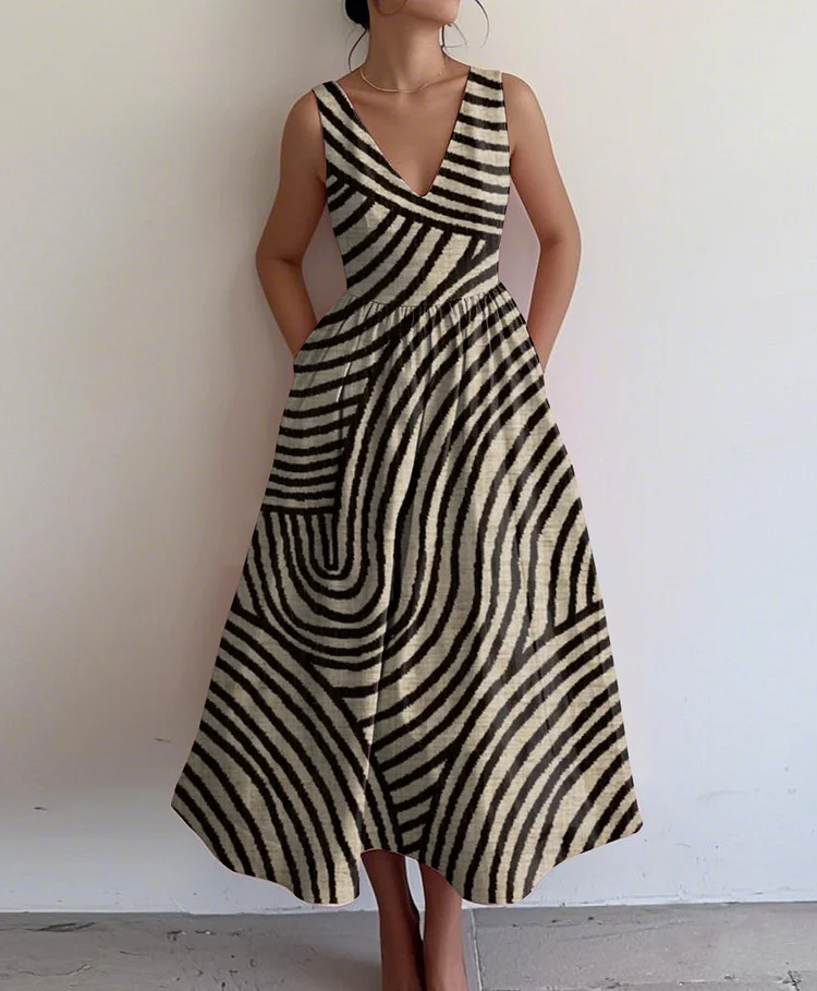 Retro Elegant Abstract Print V Neck Sleeveless Dress