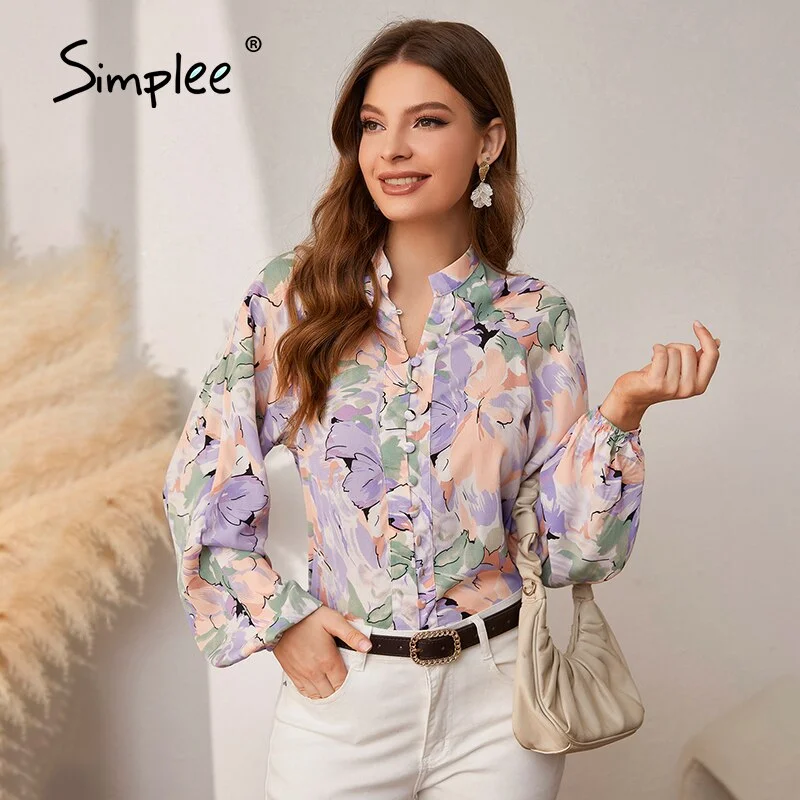 Simplee Holiday buttons lantern sleeves printed women shirt Autumn casual long sleeve beach blouse Loose female elegant shirts