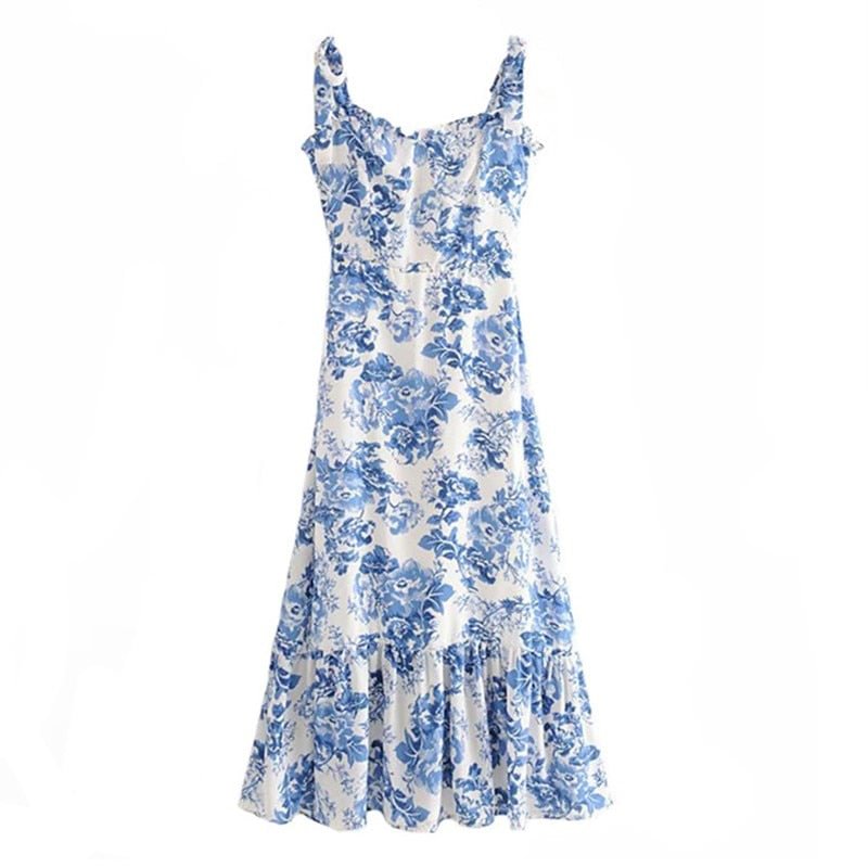 Vintage French Style Blue White Floral Women Dress Tie Bow Strap Sleeveless Dress Sexy Beach Women Party Dress Vintage Female