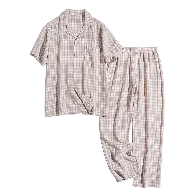 Mens Plaid Linen Pajamas Set-ChouChouHome