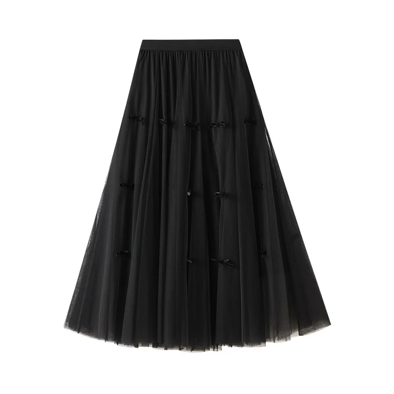 Nigikala Nigikala Gentle Fairy Design Feeling Bow Net Autumn Winter Display Thin Waist Half Body Skirt 0883