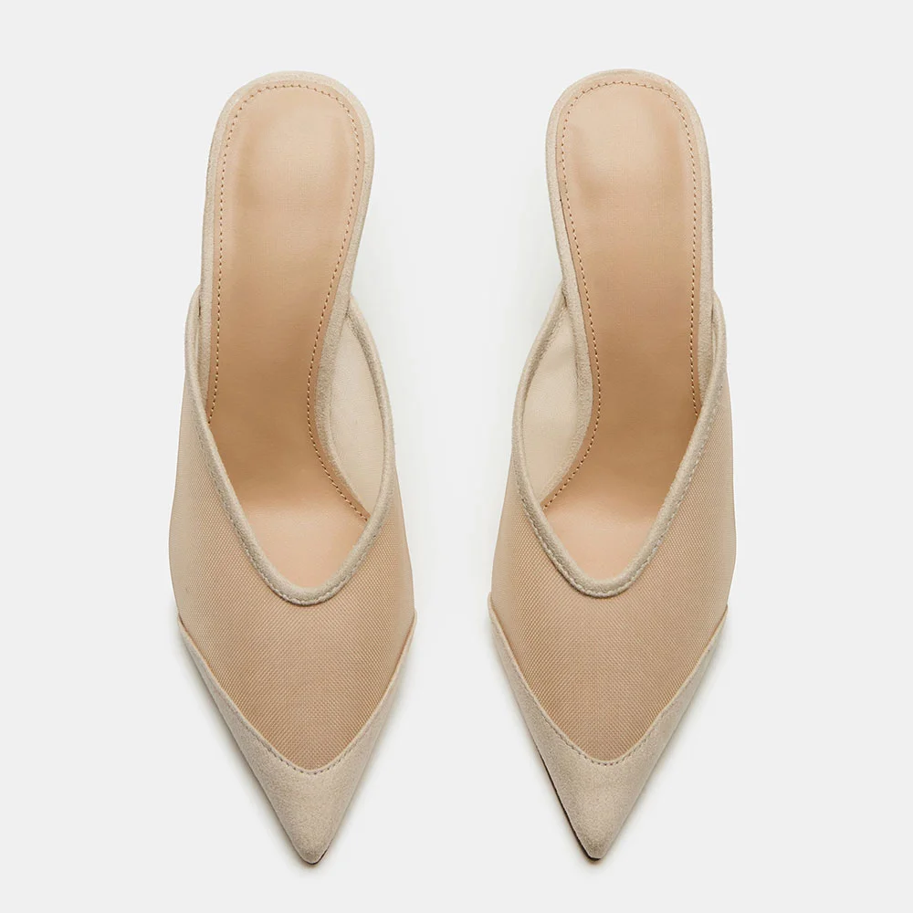 YDN Nude Mesh Stiletto Heel Pointed Toe Mule Shoes for Women