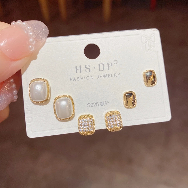 Fashion Geometric Copper Plating Artificial Pearls Zircon Earrings 3 Pairs