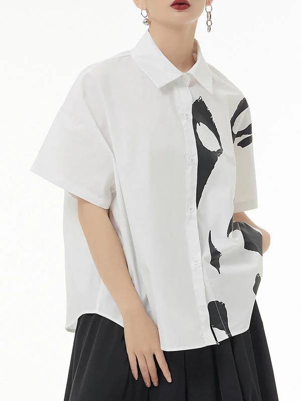 Simple Loose White Lapel Asymmetric Print Short Sleeve Shirt
