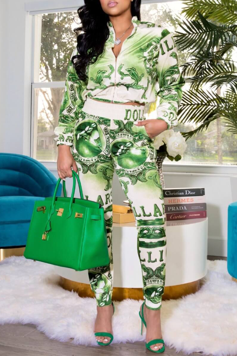Fluorescent Green Casual Print Split Joint Zipper Collar Long Sleeve Two Pieces