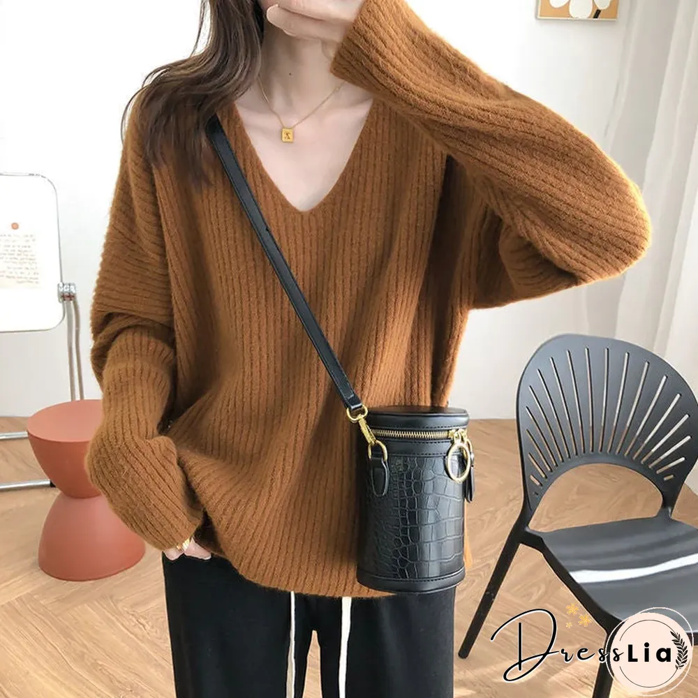 Retro Lazy V-neck Loose Sweater