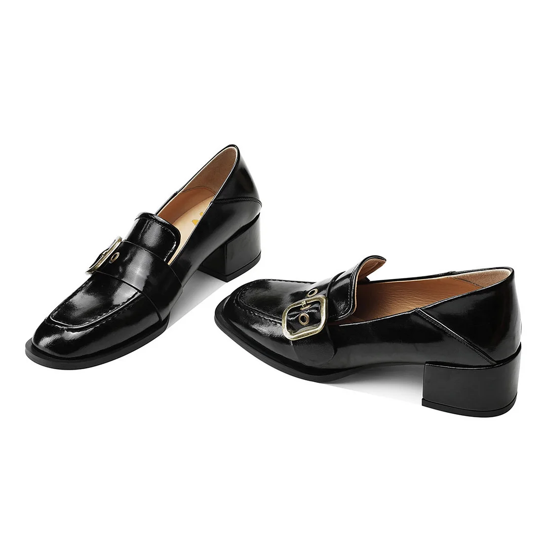 Vintage Black Square Toe Gold Buckle Strap Women's Loafer Heels