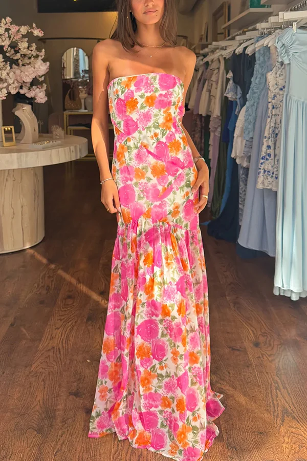 Floral Print Elegant Strapless Fitted Slit Maxi Dress